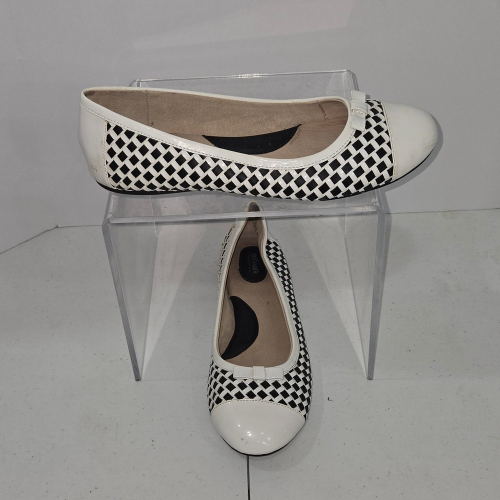 SoftWalk Womens 9.5 N Black White Woven Ballet Flats Bow S1411-132 Narrow